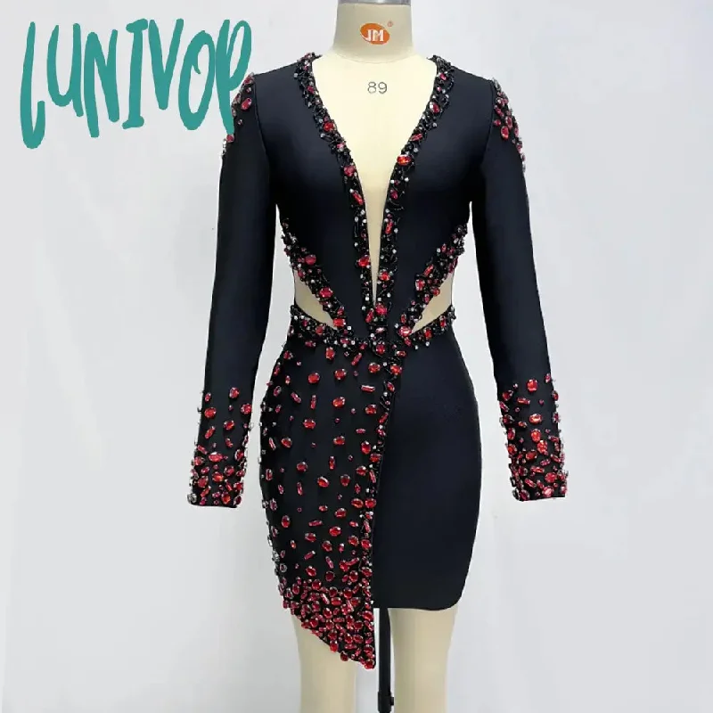 Lunivop High Quality Women Sexy V-Neck Crystal Diamond Design Long Sleeve Bodycon Mini Bandage Dress Birthday Evening Cocktail Party