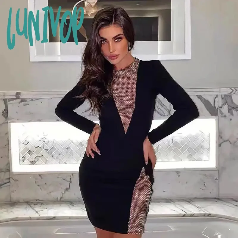 Lunivop  Summer New Women Sexy V-Neck Mesh Diamond Long Sleeve Bodycon Bandage Dress Fashion Evening Club Party Dresses Vestido Robe