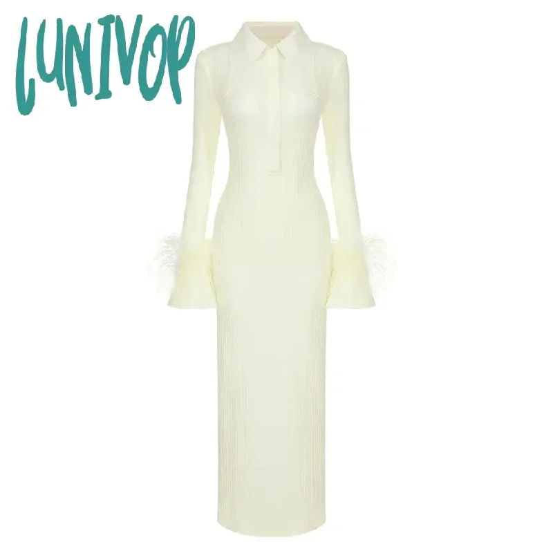 Lunivop Women Yellow Feather Maxi Long Sleeve Bandage Dress Vestidos De Fiesta Elegantes Para Mujer  Evening Cocktail Party Dresses