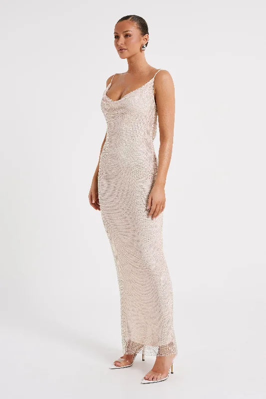 Madelaine Diamante Mesh Cowl Maxi Dress - Cream