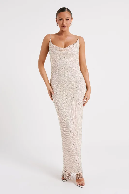 Madelaine Diamante Mesh Cowl Maxi Dress - Cream