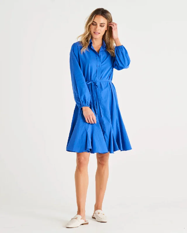 Jada Relaxed Fit Button Up Cotton Shirt Dress- Iris Blue