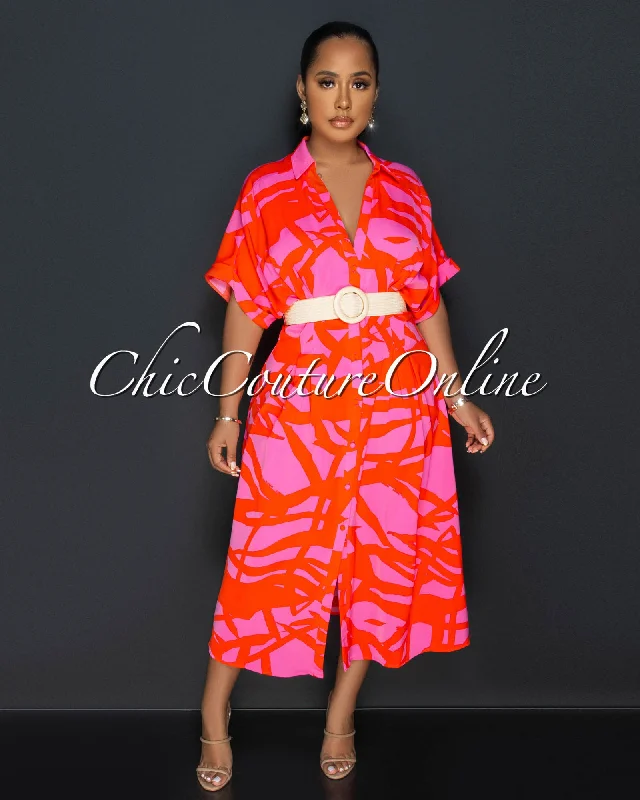 Rockie Orange Fuchsia Nude Straw Belt Shirt Maxi Dress