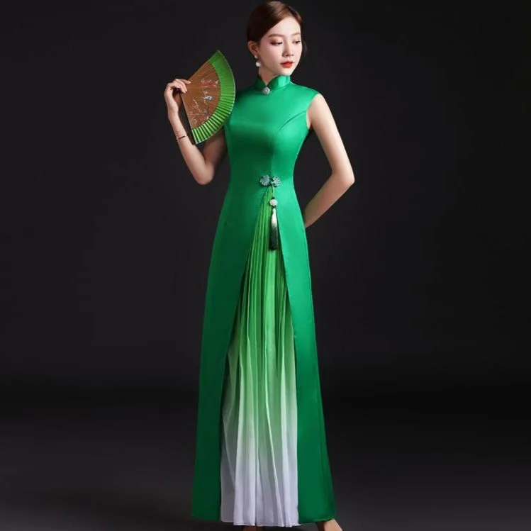 Sleeveless Satin Ao Dai Chinese Evening Dress with Tassel