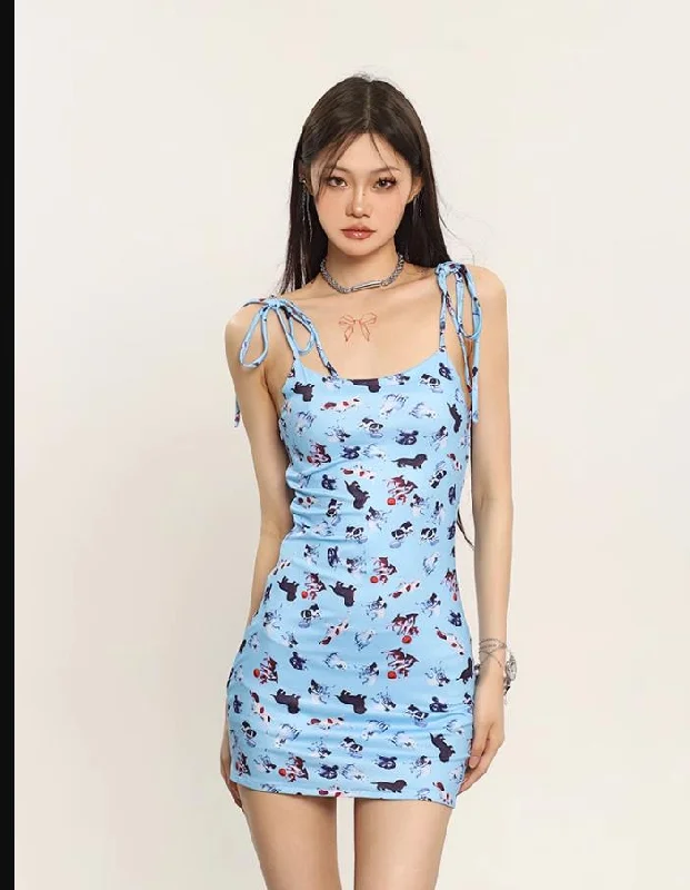 Sweet Poodles Graphic Animal Print Blue Spaghetti Straps Slim Mini Dress