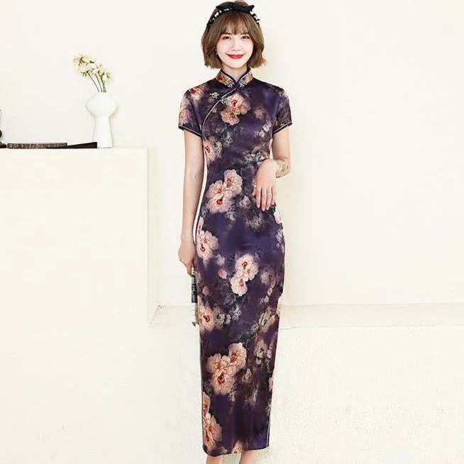 Traditional Cheongsam Full Length Floral Silk Chinese Dress