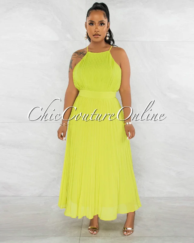 Yedda Lime Green Pleated Maxi Dress