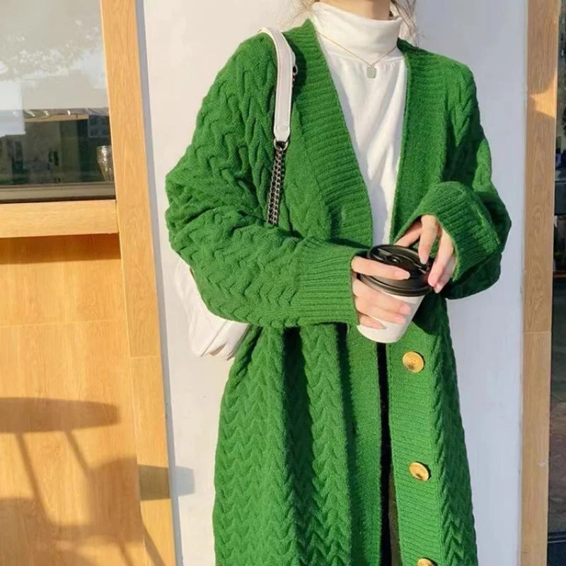 Retro green autumn and winter thickened sweater jacket for women, lazy, loose, mid-length, over-the-knee twist knitted cardigan