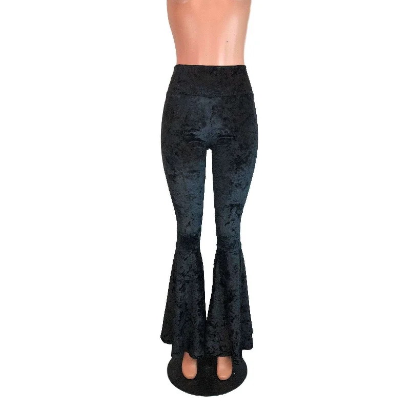 Black Crushed Velvet Bell Bottoms - High Waisted Flare Pants