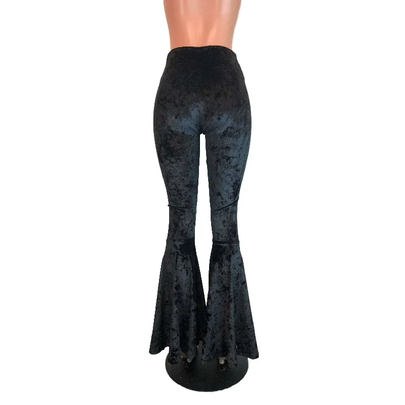 Black Crushed Velvet Bell Bottoms - High Waisted Flare Pants