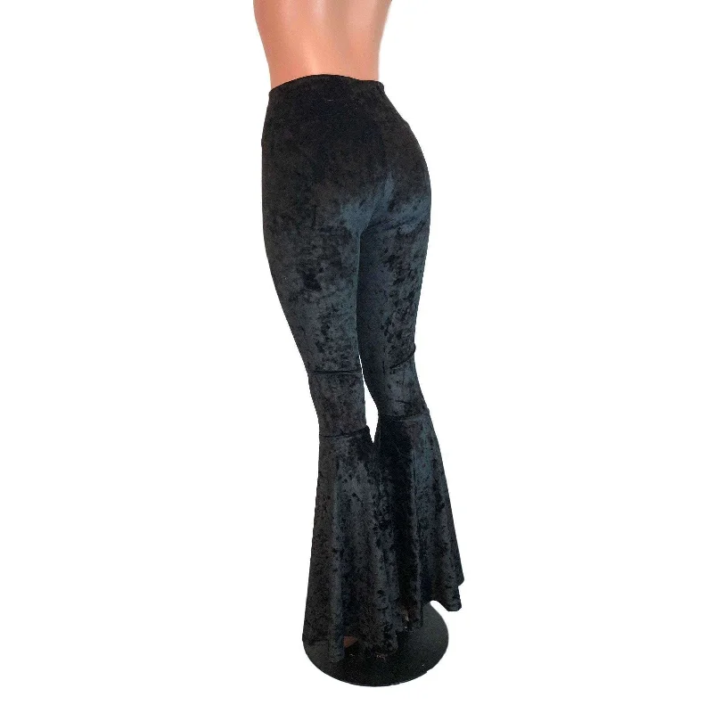 Black Crushed Velvet Bell Bottoms - High Waisted Flare Pants