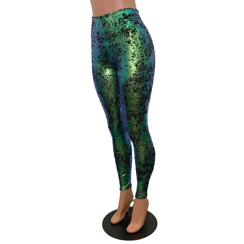 Green on Black Gilded Velvet High Waisted Leggings Pants