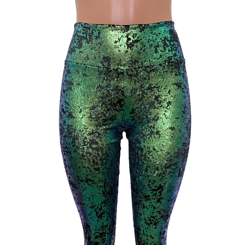 Green on Black Gilded Velvet High Waisted Leggings Pants