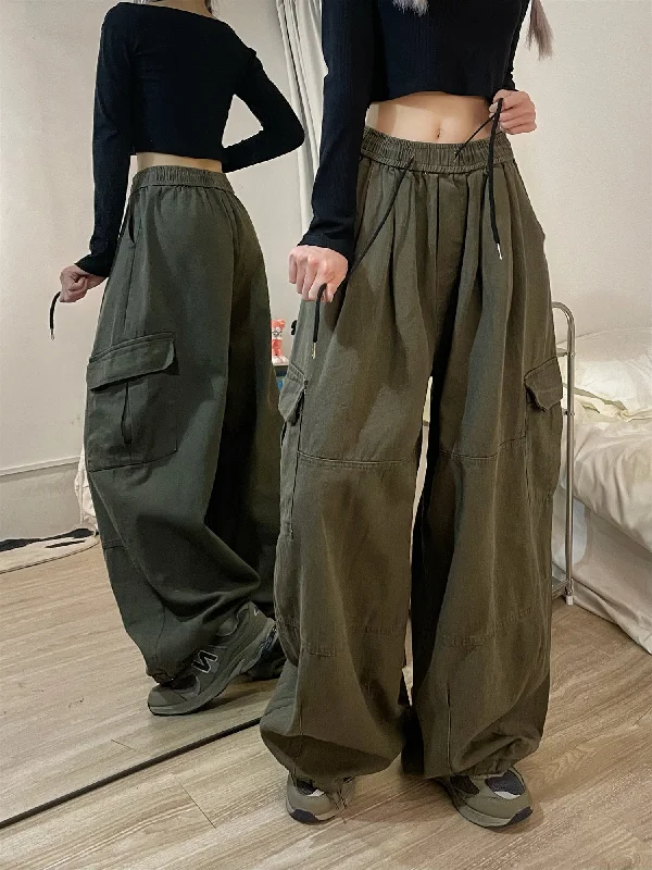 Shawn Solid Color Retro High Waist Straight Wide Leg Multi-Pocket Loose Casual Pants