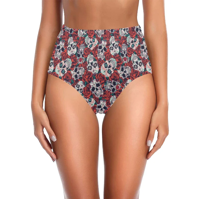 Add A Timeless Look to Your Swimwear With Our Skulls & Red Roses High-Waisted Bikini Bottom.