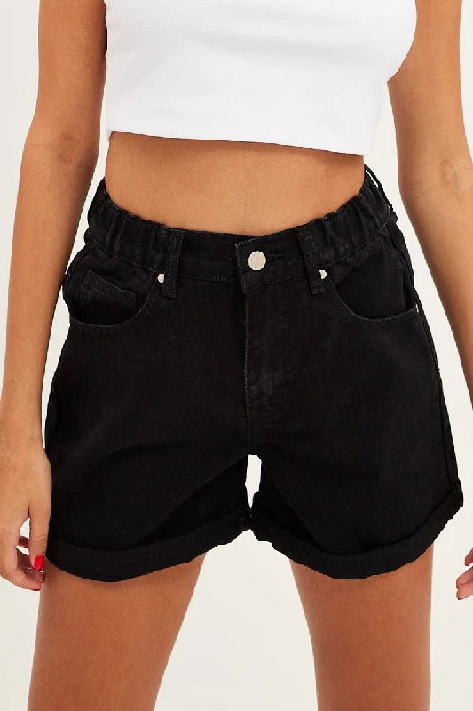 Black Relaxed Denim Shorts High Rise