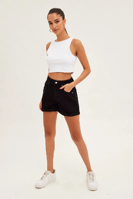 Black Relaxed Denim Shorts High Rise