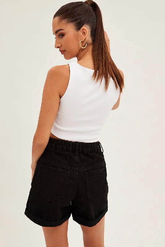 Black Relaxed Denim Shorts High Rise