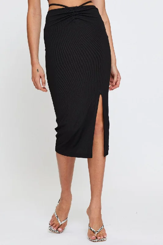 Black Ribbed Bodycon Midi Skirt