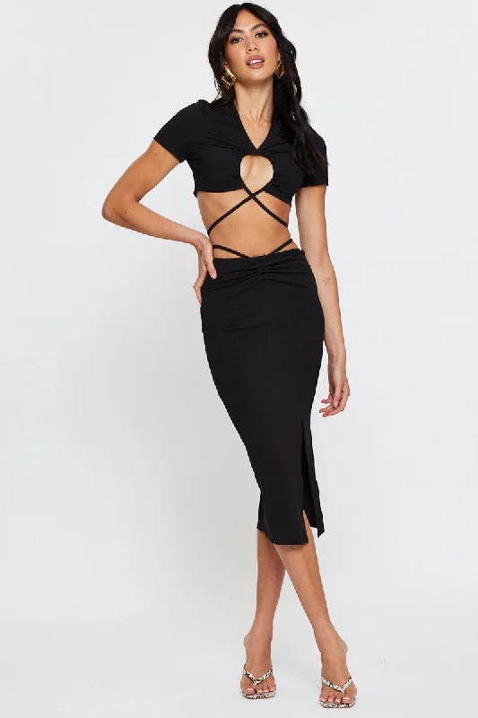 Black Ribbed Bodycon Midi Skirt