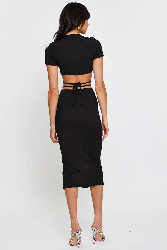 Black Ribbed Bodycon Midi Skirt