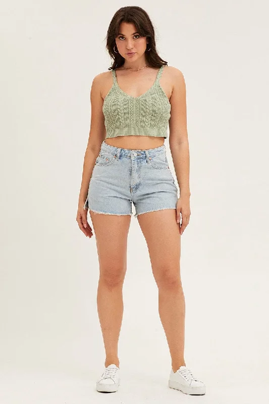 Blue Denim Shorts High Rise Raw Hem Relaxed