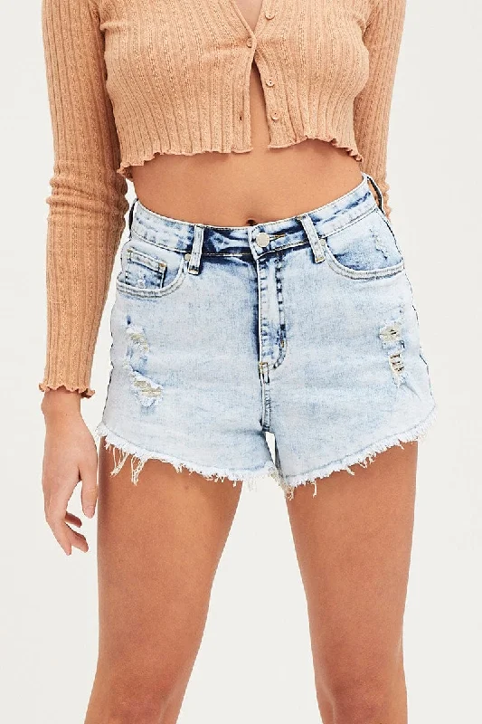 Blue Denim Shorts Mid Rise Skinny Fray Hem