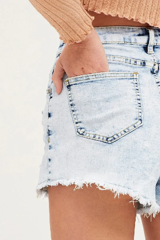 Blue Denim Shorts Mid Rise Skinny Fray Hem