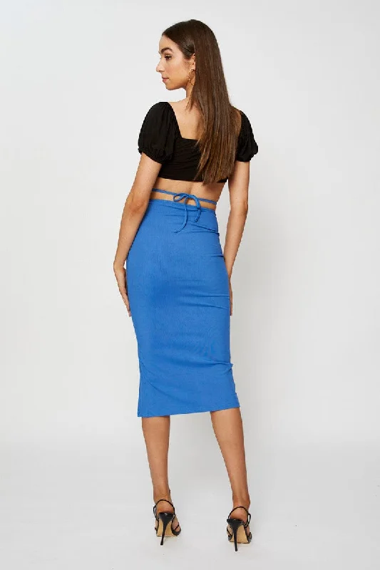 Blue Ribbed Bodycon Midi Skirt