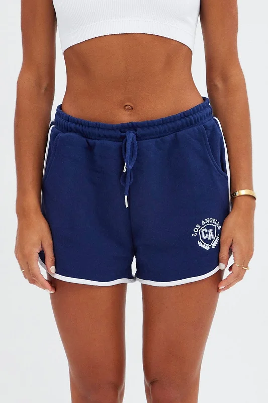 Blue Track Short Elastic Waist Embroidery Details