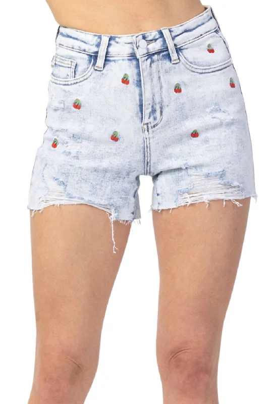 Cherry Embroidery High Rise Cut-Off Short In Acid Wash