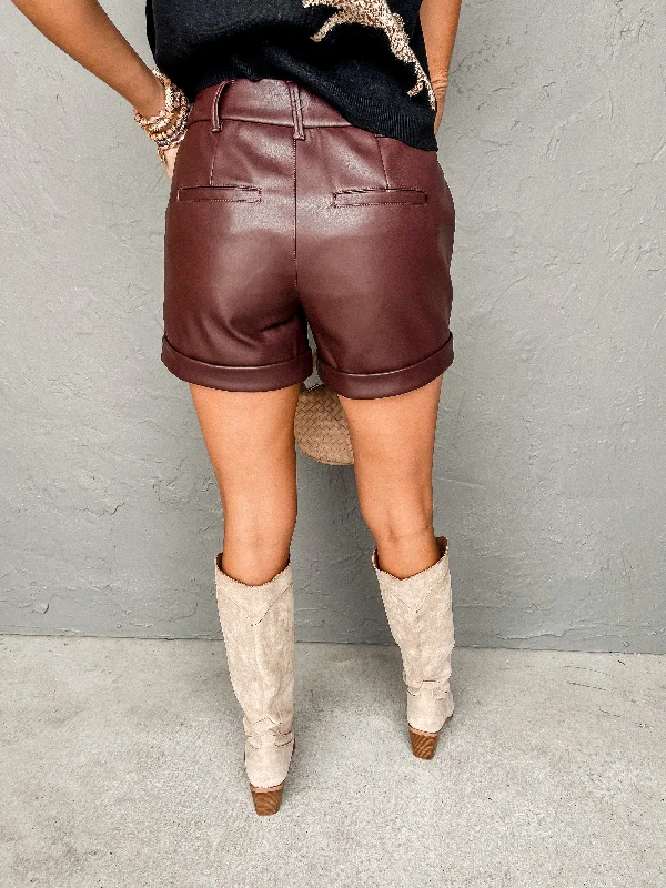 [Dear John] Hampton High Rise Vegan Leather Shorts-Burgundy