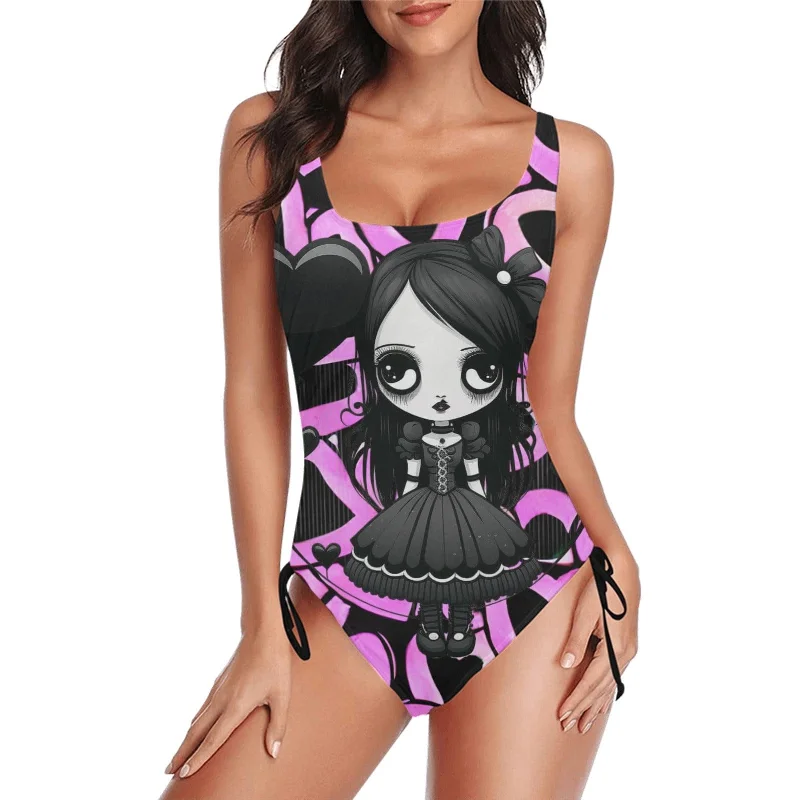 Gothic Girl Pink Hearts One Piece Drawstring Side One-Piece Swimsuit