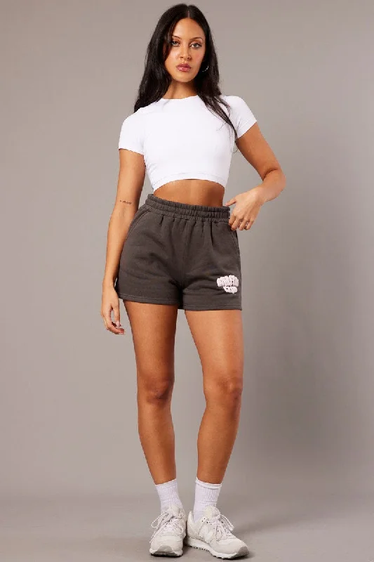 Grey Track Shorts High Rise Elastic Waist