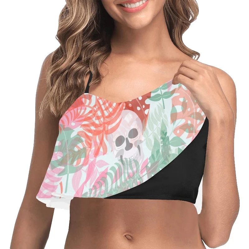 Pastel Skulls Floral Ruffle Bikini Top