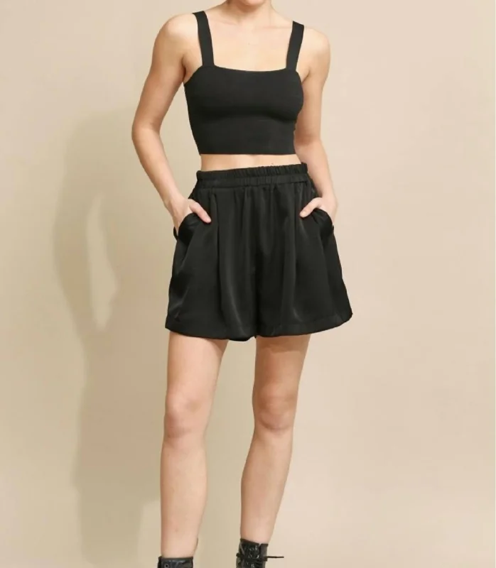 Satin Elastic Waist Pleated Wide Leg Shorts In Black