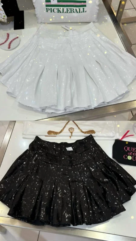 Sequin Pleat Skort In White