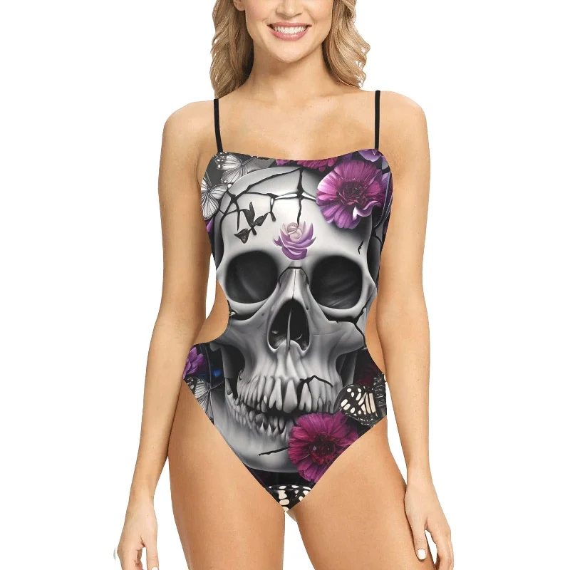 Skull With Butterflies & Purple Flowers Spaghetti Strap Cut Out Sides Swimsuit