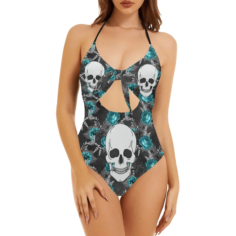 Skull With Rose One Piece Backless Hollow Out Bow Tie Swimsuit