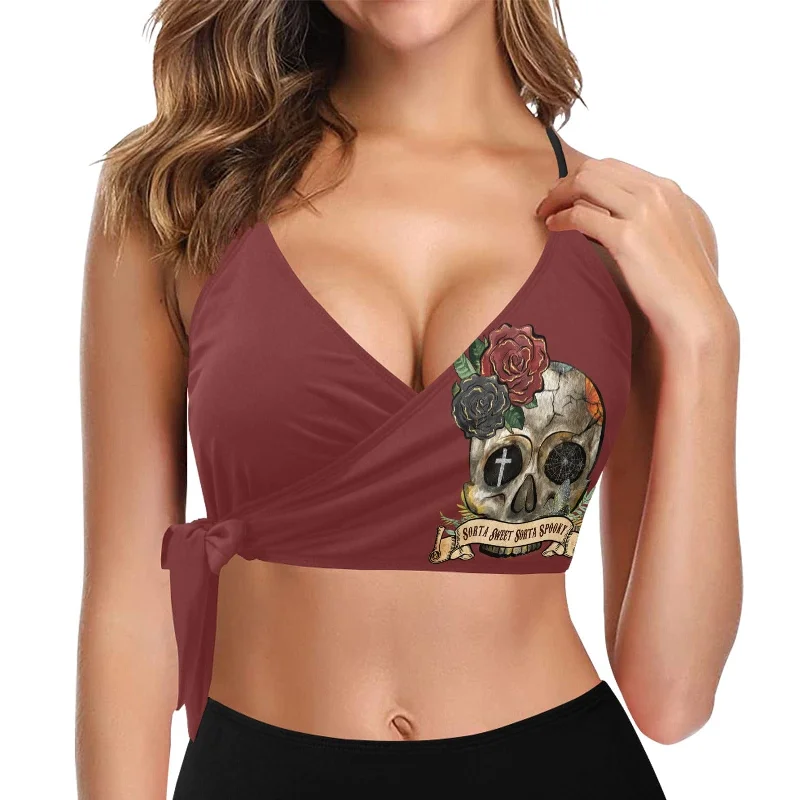 Make Waves In This Sorta Sweet Skull Floral Knot Side Bikini Top