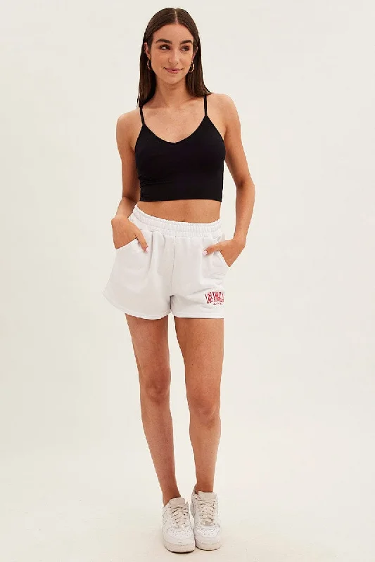 White Track Short Elastic Waist Embroidery Cotton Blend