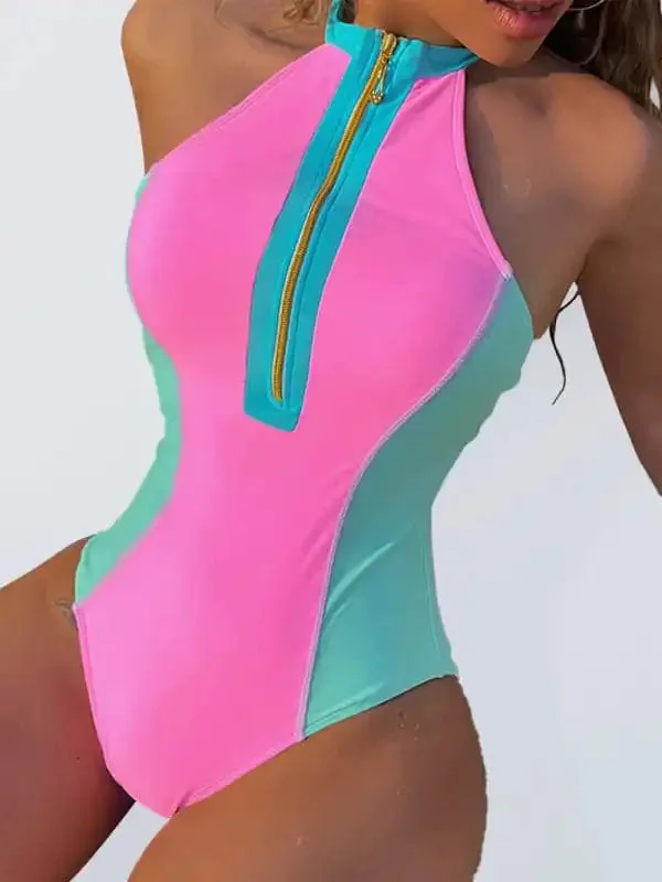 Women’s Color-blocked Zip-front One-piece Swimsuit