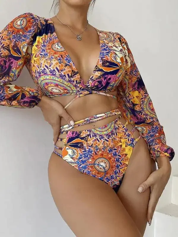 Women’s Ethnic Printed Mesh Long Sleeve Bikini Set