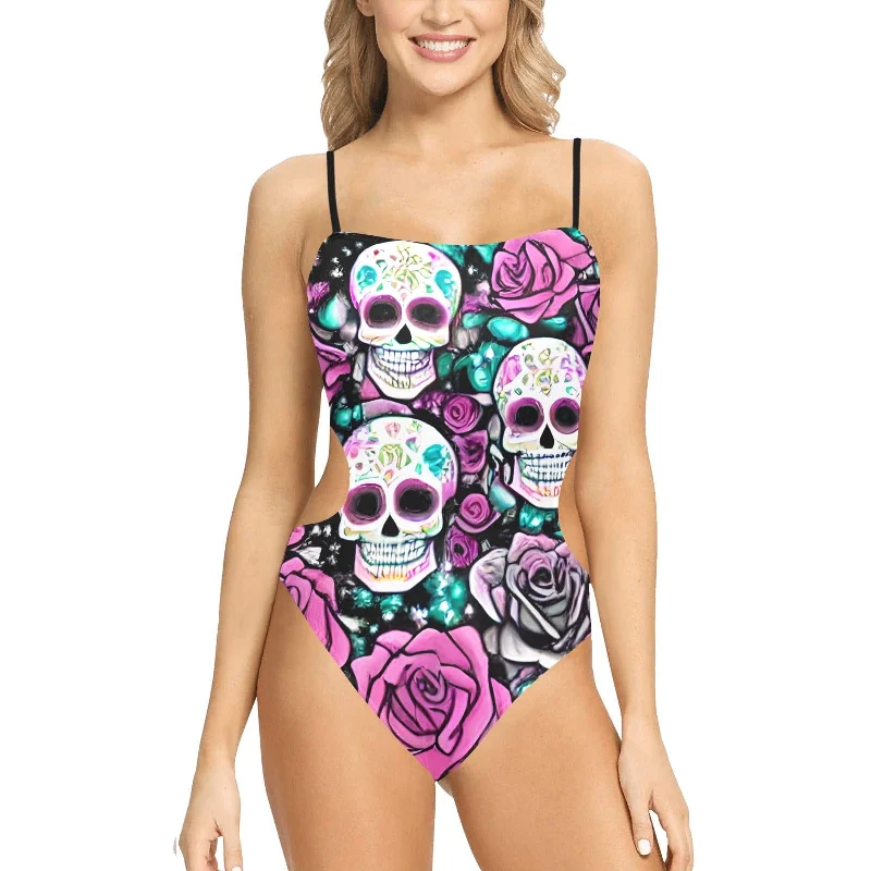 Women's Skulls Pink Floral One Piece Spaghetti Strap Cut Out Sides Swimsuit