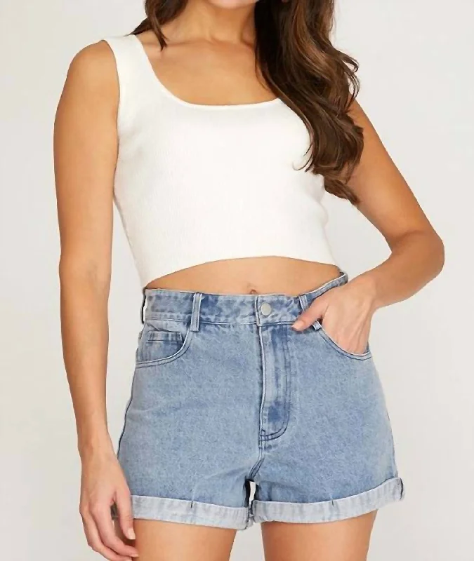 Woven High-Waist Denim Shorts In Blue