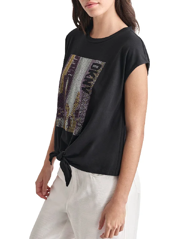 Dkny Women Black Embellished Round Neck Short Sleeves T-Shirt