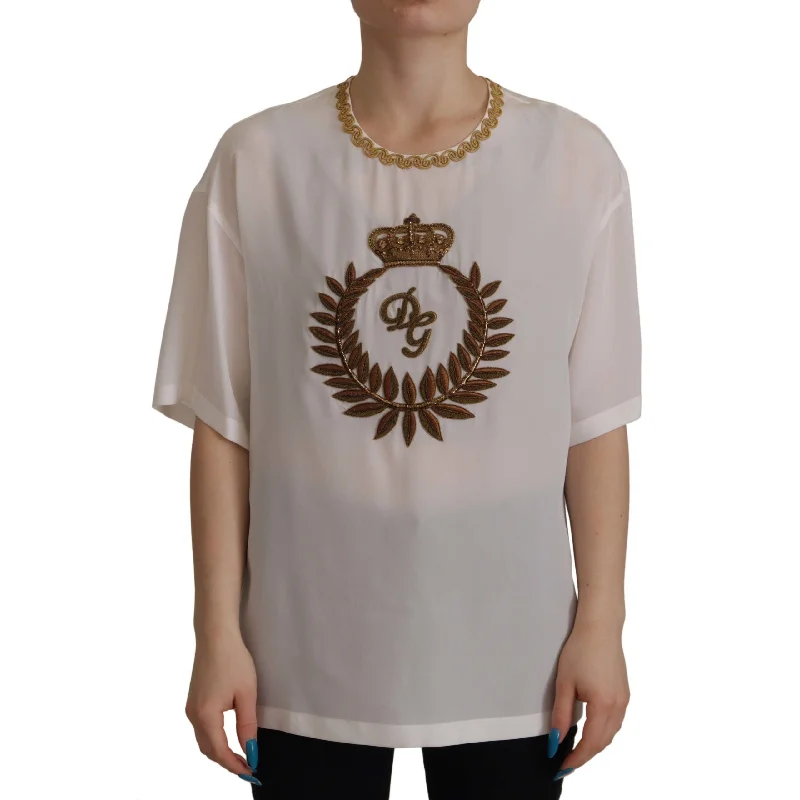 Dolce & Gabbana Elegant Silk Blouse with Gold Crown Embroidery