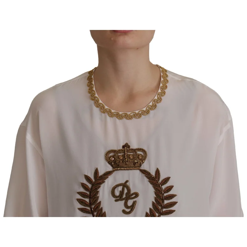 Dolce & Gabbana Elegant Silk Blouse with Gold Crown Embroidery