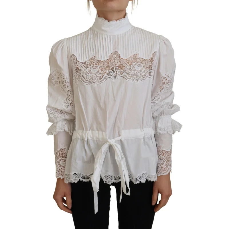 Dolce & Gabbana Elegant White Lace Trim Cotton Blouse