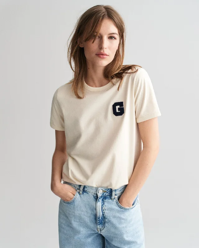 Gant Women Cream Solid Round Neck Short Sleeves T-Shirt